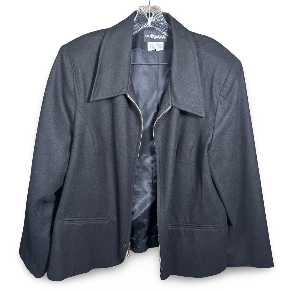 VTG Sag Harbor Woman Black 100% Pure New Wool Zip Front Jacket Blazer Size 20W - Picture 2 of 10